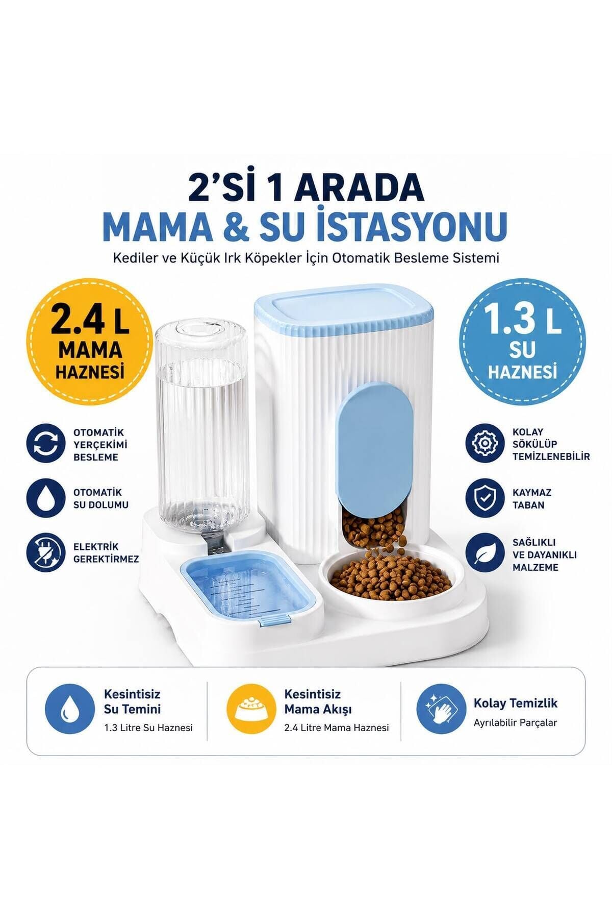 2'si 1 Arada Otomatik Kedi ve Köpek Mama Kabı & Su Sebili 2.4 L Mama Haznesi 1.3 L Su Haznesi