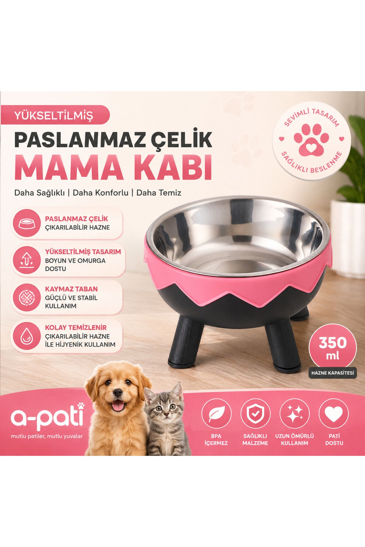 A-pati Paslanmaz Çelik Kedi ve Küçük Irk Köpek Mama Kabı 350 ml Ergonomik Tasarım