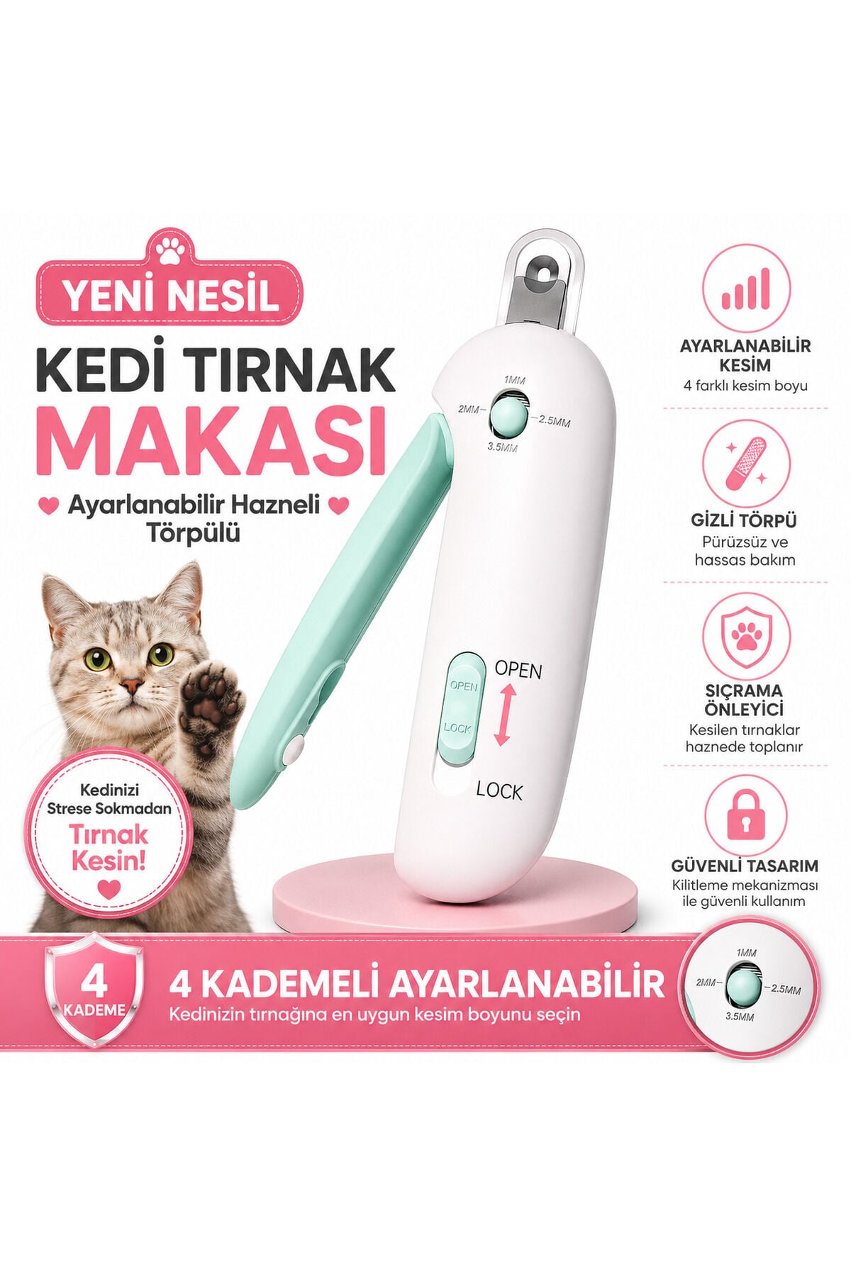 Ayarlanabilir, Hazneli, Törpülü Kedi Tırnak Makası - Mavi