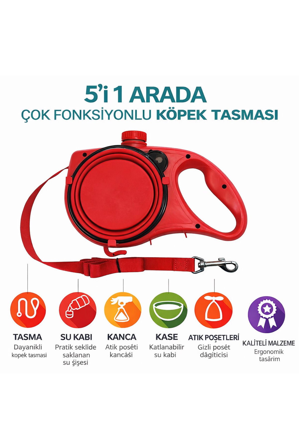 5’i 1 Arada Çok Fonksiyonlu Köpek Tasması – Su Kabı, Mama Kasesi ve Poşet Hazneli - Sabit Kayış - Kırmızı - Medium Plus