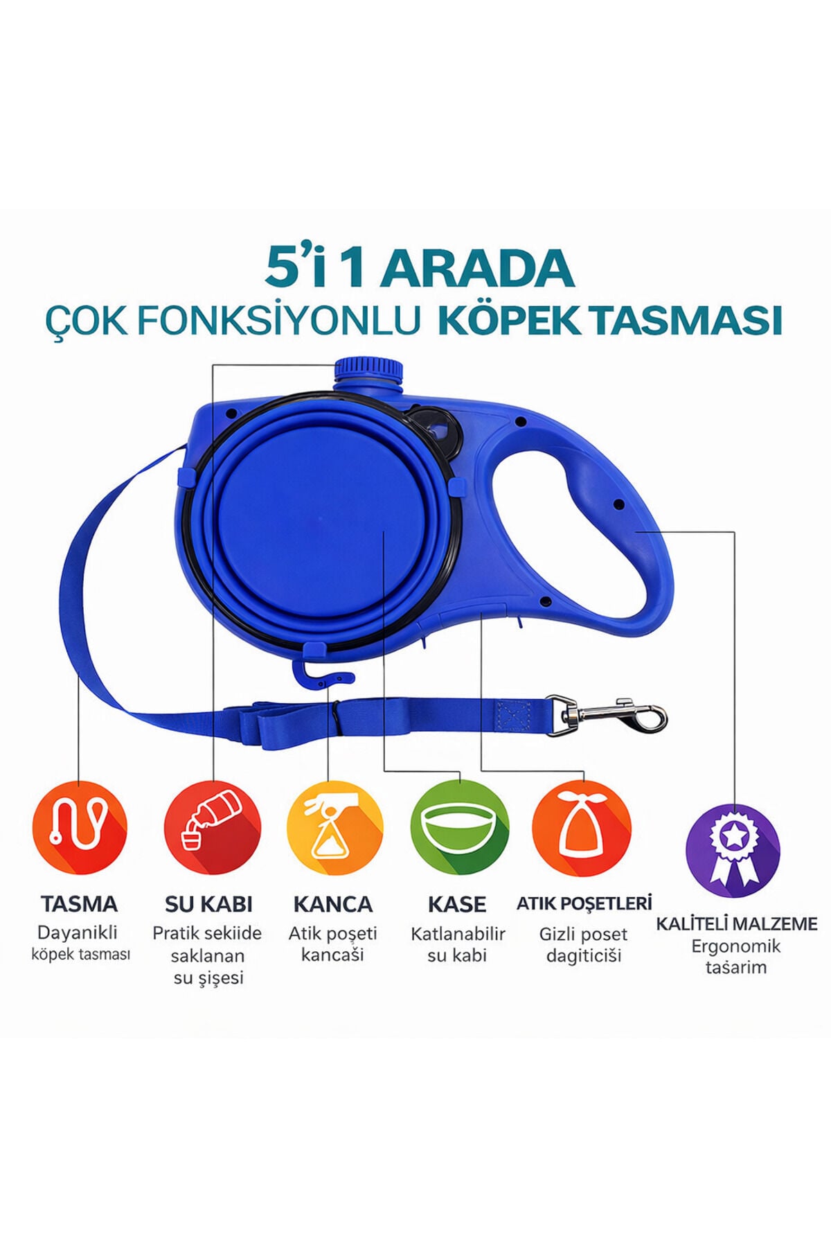 5’i 1 Arada Çok Fonksiyonlu Köpek Tasması – Su Kabı, Mama Kasesi ve Poşet Hazneli - Sabit Kayış - Mavi - Medium Plus
