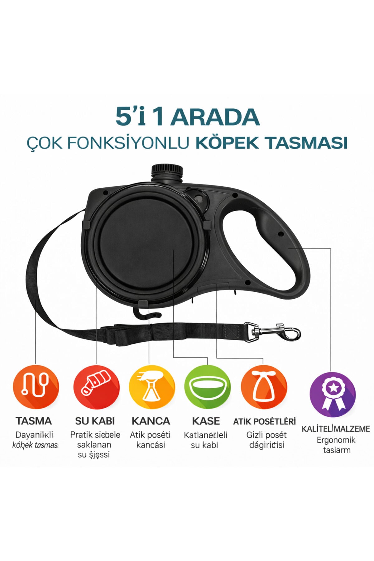 5’i 1 Arada Çok Fonksiyonlu Köpek Tasması – Su Kabı, Mama Kasesi ve Poşet Hazneli - Sabit Kayış - Medium Plus - Siyah