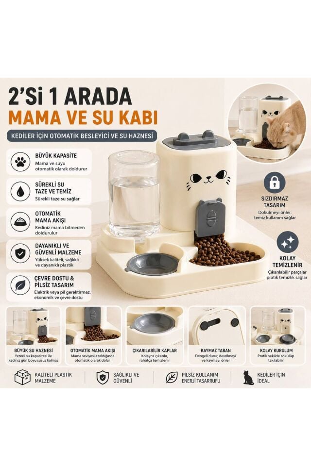 2'si 1 Arada Otomatik Kedi Mama ve Su Kabı