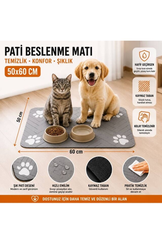 Kedi Köpek Beslenme Matı 50x60 cm Pati Desenli Kaymaz, Kolay Temizlenir Mama Altlığı