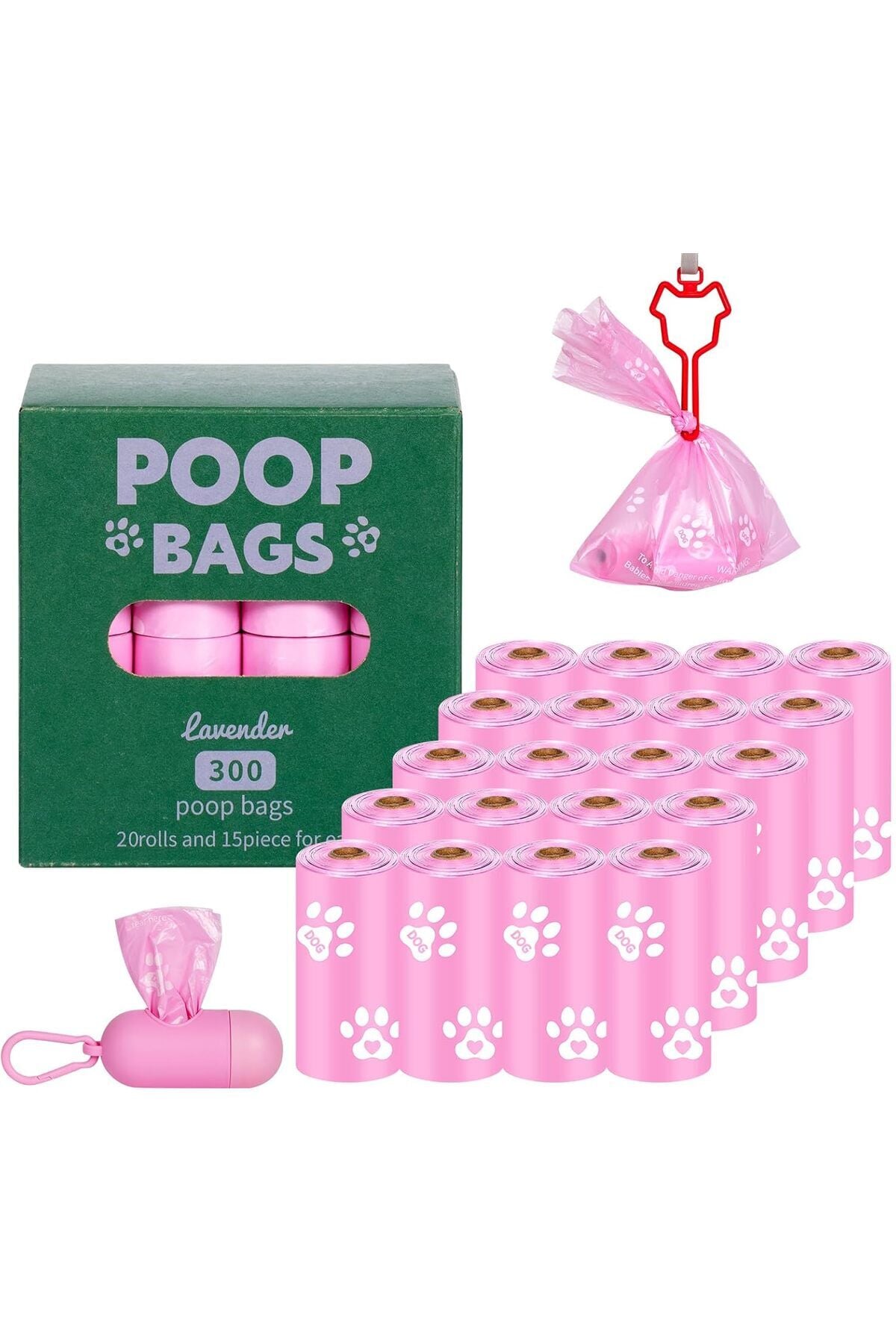 Lavantalı Köpek Dışkı Poşeti – 300 Adet / 20 Rulo, Ekstra Kalın & Dayanıklı, Çevre Dostu - Pembe