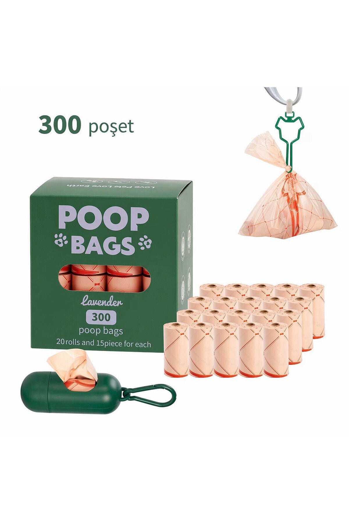 Lavantalı Köpek Dışkı Poşeti – 300 Adet / 20 Rulo, Ekstra Kalın & Dayanıklı, Çevre Dostu - Turuncu