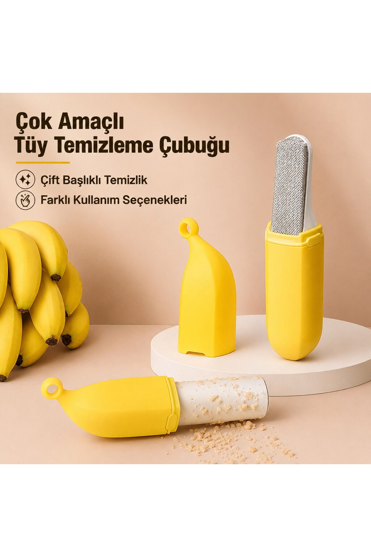Muz Şeklinde Taşınabilir Tüy Toplama Rulosu ve Tüy Temizleme Fırçası 2x30 Yaprak - Sarı