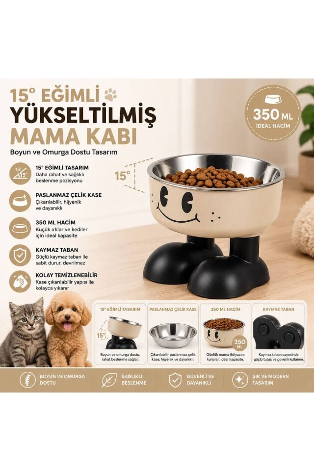 Yükseltilmiş, Gülen Yüz, Kedi ve Köpek Mama Kabı - Paslanmaz Çelik Hazneli