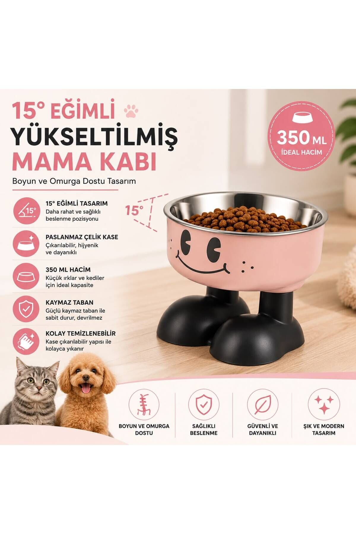 Yükseltilmiş, Gülen Yüz, Kedi ve Köpek Mama Kabı - Paslanmaz Çelik Hazneli